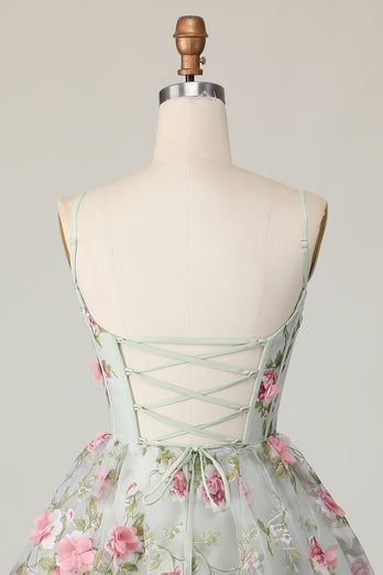 Sage Flower Corset Spaghetti Straps Short Prom Dress