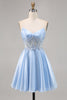 Load image into Gallery viewer, Sparkly Light Blue Satin Strapless Corset Short Prom Dress with Lace