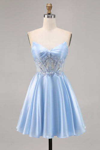 Sparkly Light Blue Satin Strapless Corset Short Prom Dress with Lace