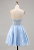 Load image into Gallery viewer, Sparkly Light Blue Satin Strapless Corset Short Prom Dress with Lace