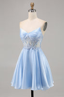 Load image into Gallery viewer, Sparkly Light Blue Satin Strapless Corset Short Prom Dress with Lace