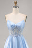Load image into Gallery viewer, Sparkly Light Blue Satin Strapless Corset Short Prom Dress with Lace