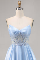 Load image into Gallery viewer, Sparkly Light Blue Satin Strapless Corset Short Prom Dress with Lace