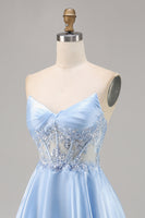 Load image into Gallery viewer, Sparkly Light Blue Satin Strapless Corset Short Prom Dress with Lace