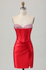 Load image into Gallery viewer, Red Satin Sweetheart Beaded Short Corset Prom Dress with Slit