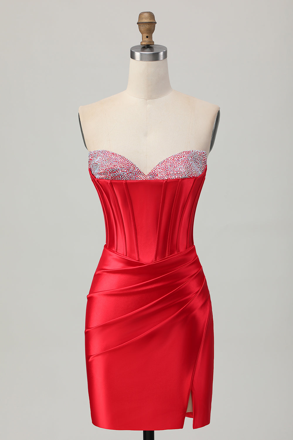 Red Satin Sweetheart Beaded Short Corset Prom Dress with Slit