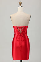 Load image into Gallery viewer, Red Satin Sweetheart Beaded Short Corset Prom Dress with Slit