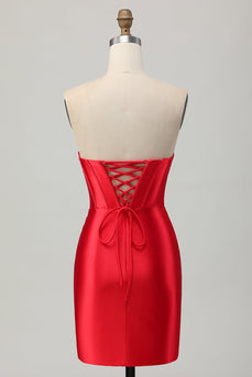 Red Satin Sweetheart Beaded Short Corset Prom Dress with Slit