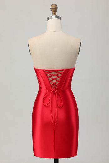 Red Satin Sweetheart Beaded Short Corset Prom Dress with Slit
