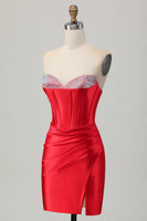 Load image into Gallery viewer, Red Satin Sweetheart Beaded Short Corset Prom Dress with Slit