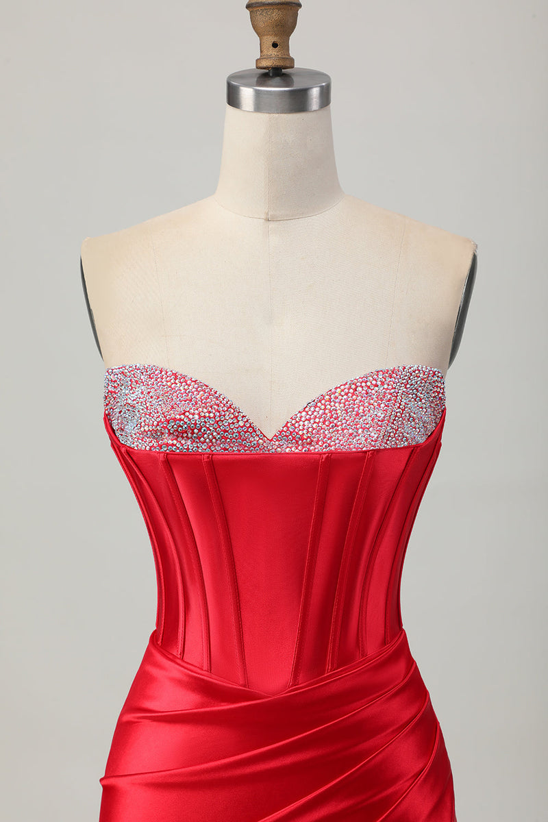 Load image into Gallery viewer, Red Satin Sweetheart Beaded Short Corset Prom Dress with Slit