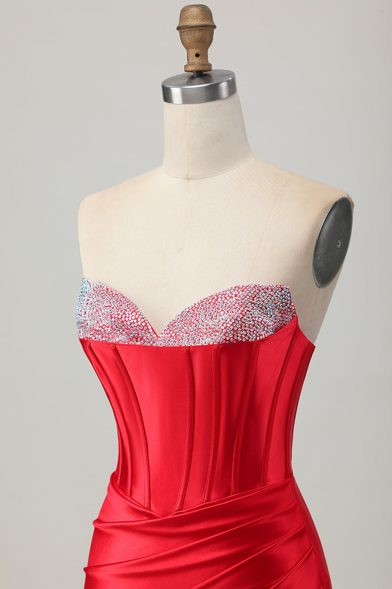 Load image into Gallery viewer, Red Satin Sweetheart Beaded Short Corset Prom Dress with Slit