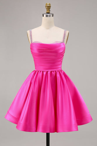 Sparkly Fuchsia Satin Ruched Short Prom Dress with Beading