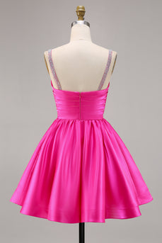 Sparkly Fuchsia Satin Ruched Short Prom Dress with Beading