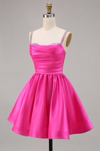 Sparkly Fuchsia Satin Ruched Short Prom Dress with Beading