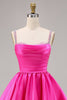 Load image into Gallery viewer, Sparkly Fuchsia Satin Ruched Short Prom Dress with Beading
