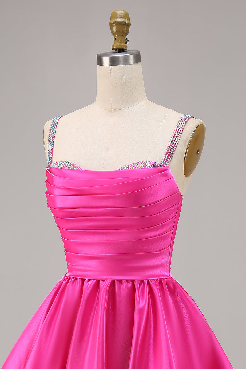 Load image into Gallery viewer, Sparkly Fuchsia Satin Ruched Short Prom Dress with Beading