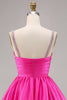 Load image into Gallery viewer, Sparkly Fuchsia Satin Ruched Short Prom Dress with Beading