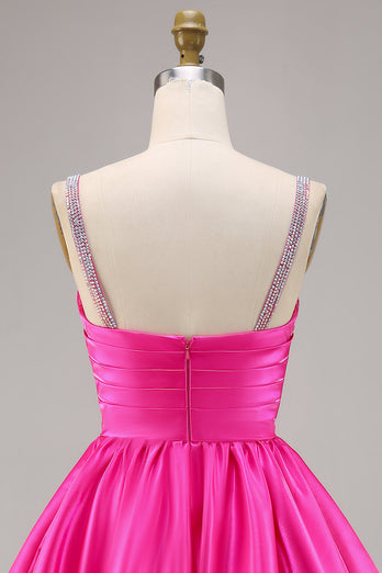 Sparkly Fuchsia Satin Ruched Short Prom Dress with Beading