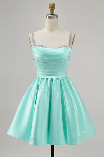 Sparkly Mint Green Ruched Satin Short Prom Dress with Beading