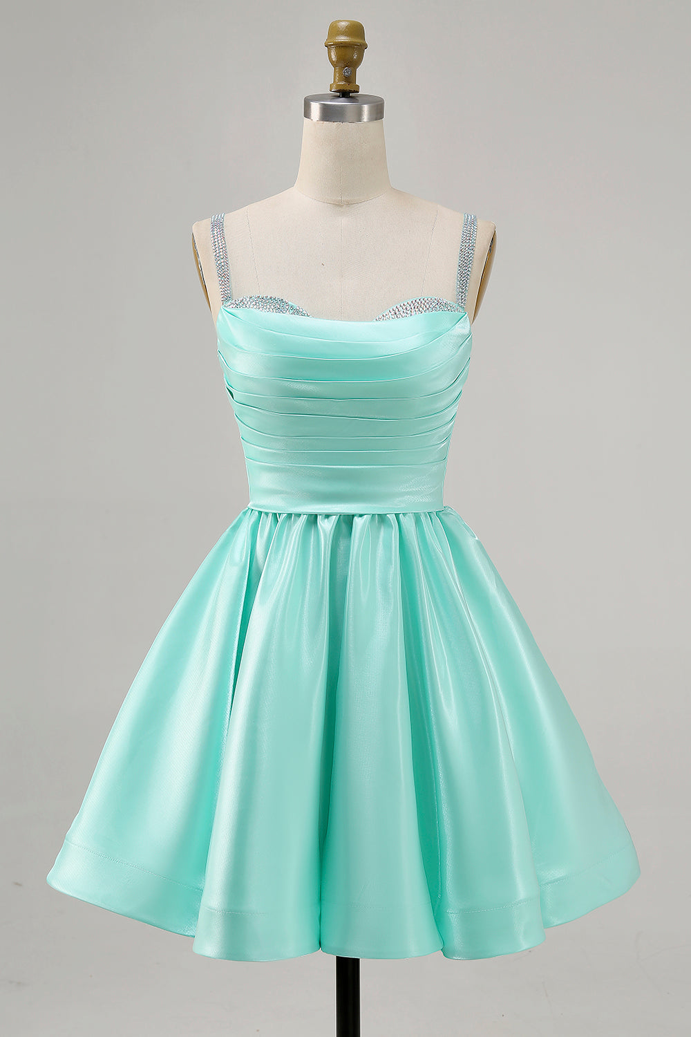 Sparkly Mint Green Ruched Satin Short Prom Dress with Beading