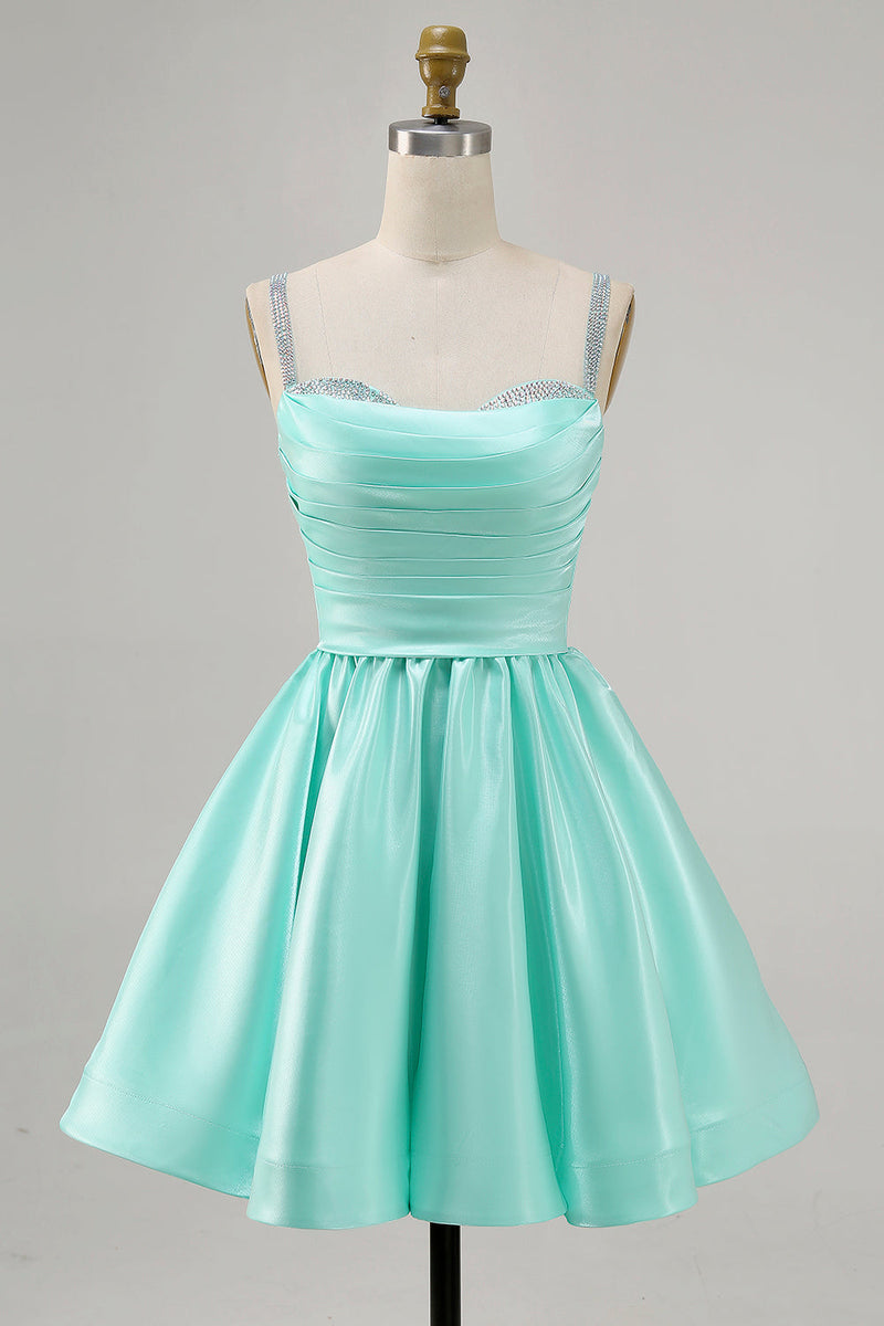 Load image into Gallery viewer, Sparkly Fuchsia Satin Ruched Short Prom Dress with Beading