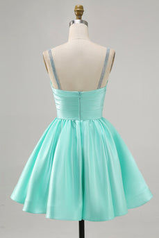 Sparkly Mint Green Ruched Satin Short Prom Dress with Beading