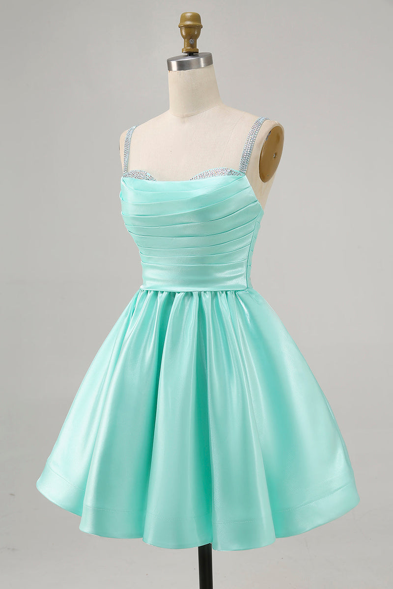 Load image into Gallery viewer, Sparkly Fuchsia Satin Ruched Short Prom Dress with Beading