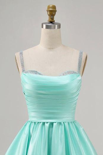 Sparkly Fuchsia Satin Ruched Short Prom Dress with Beading