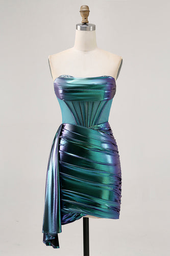 Sparkly Green Metallic Corset Tight Short Prom Dress with Ruffles