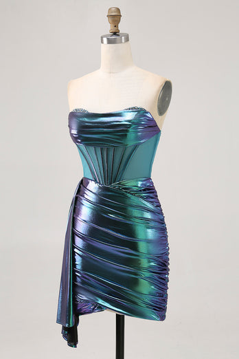 Sparkly Green Metallic Corset Tight Short Prom Dress with Ruffles