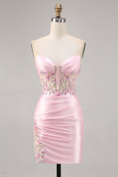 Load image into Gallery viewer, Sparkly Candy Pink Satin Floral Strapless Corset Short Prom Dress