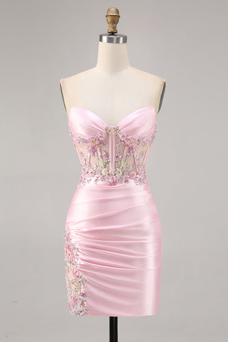 Sparkly Candy Pink Satin Floral Strapless Corset Short Prom Dress