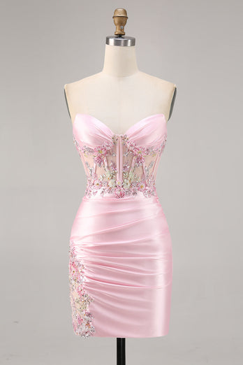Sparkly Candy Pink Satin Floral Strapless Corset Short Prom Dress