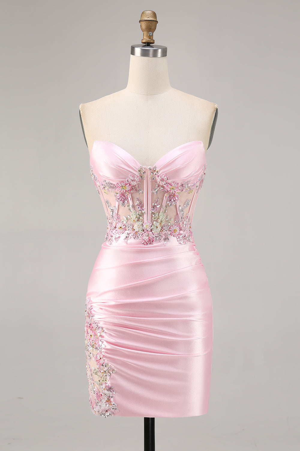 Sparkly Candy Pink Satin Floral Strapless Corset Short Prom Dress