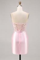 Load image into Gallery viewer, Sparkly Candy Pink Satin Floral Strapless Corset Short Prom Dress