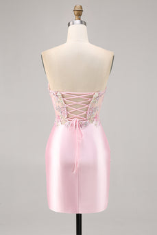 Sparkly Candy Pink Satin Floral Strapless Corset Short Prom Dress