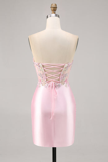 Sparkly Candy Pink Satin Floral Strapless Corset Short Prom Dress