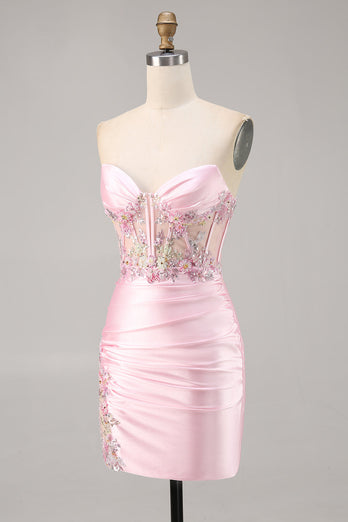 Sparkly Candy Pink Satin Floral Strapless Corset Short Prom Dress