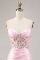 Load image into Gallery viewer, Sparkly Candy Pink Satin Floral Strapless Corset Short Prom Dress