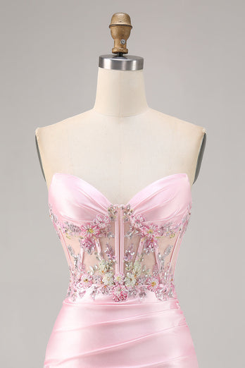 Sparkly Candy Pink Satin Floral Strapless Corset Short Prom Dress