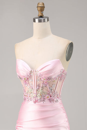 Sparkly Candy Pink Satin Floral Strapless Corset Short Prom Dress
