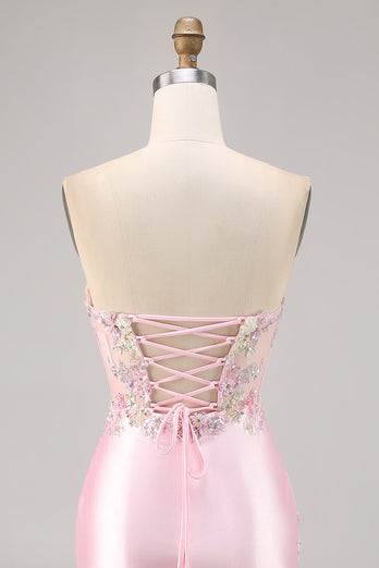 Sparkly Candy Pink Satin Floral Strapless Corset Short Prom Dress