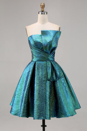 Sparkly Peacock Green Metallic Strapless Short Prom Dress