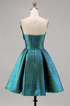 Sparkly Peacock Green Metallic Strapless Short Prom Dress