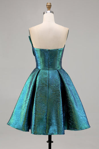 Sparkly Peacock Green Metallic Strapless Short Prom Dress