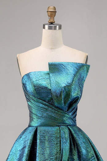 Sparkly Peacock Green Metallic Strapless Short Prom Dress