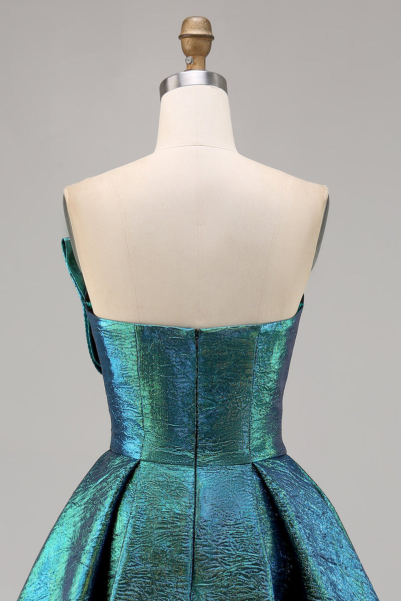 Load image into Gallery viewer, Sparkly Peacock Green Metallic Strapless Short Prom Dress