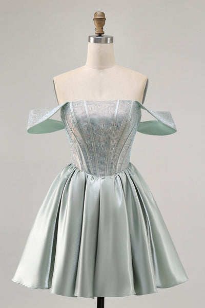 Sparkly Light Green Short Satin Corset Prom Dress with Beading