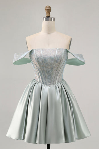 Sparkly Light Green Short Satin Corset Prom Dress with Beading
